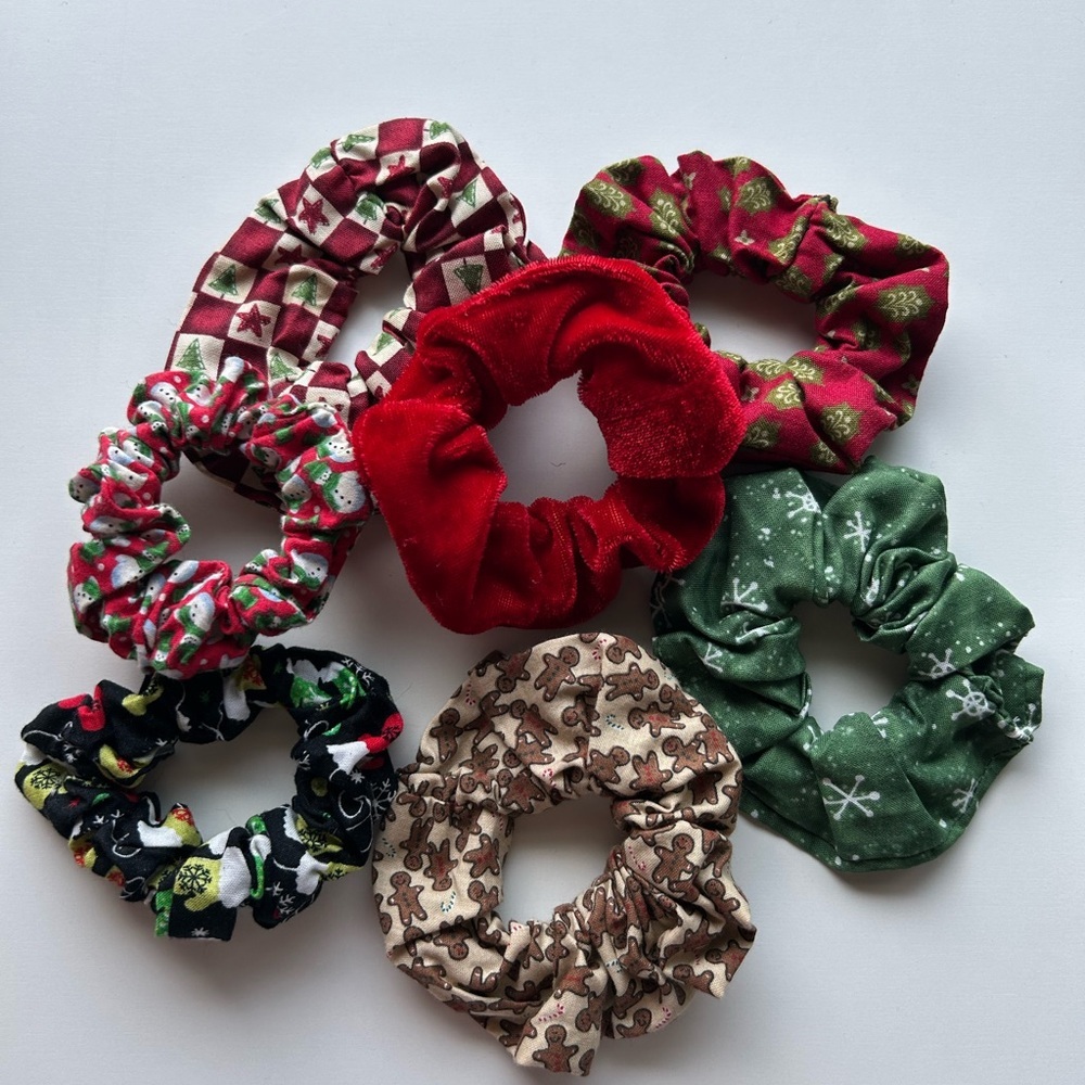 Handmade Festive Holiday Scrunchies Set - Red, Green, Black, and Brown